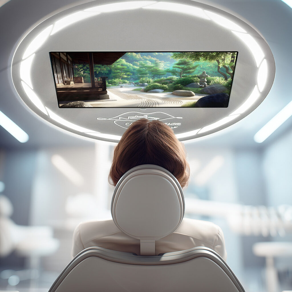 Plafonnier MODULA modèle rond avec patient dans un cabinet dentaire moderne.