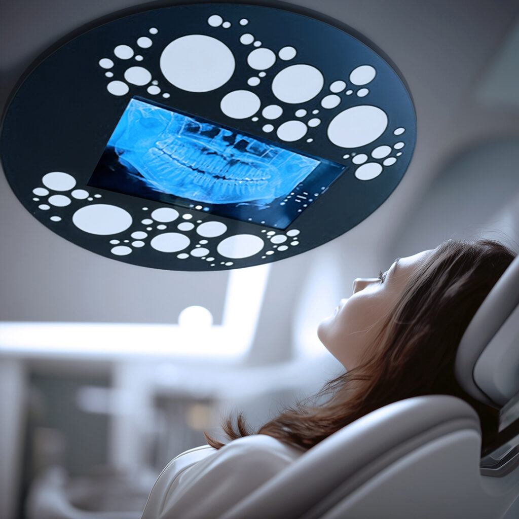 Plafonnier PLATA modèle rond avec patient dans un cabinet dentaire moderne